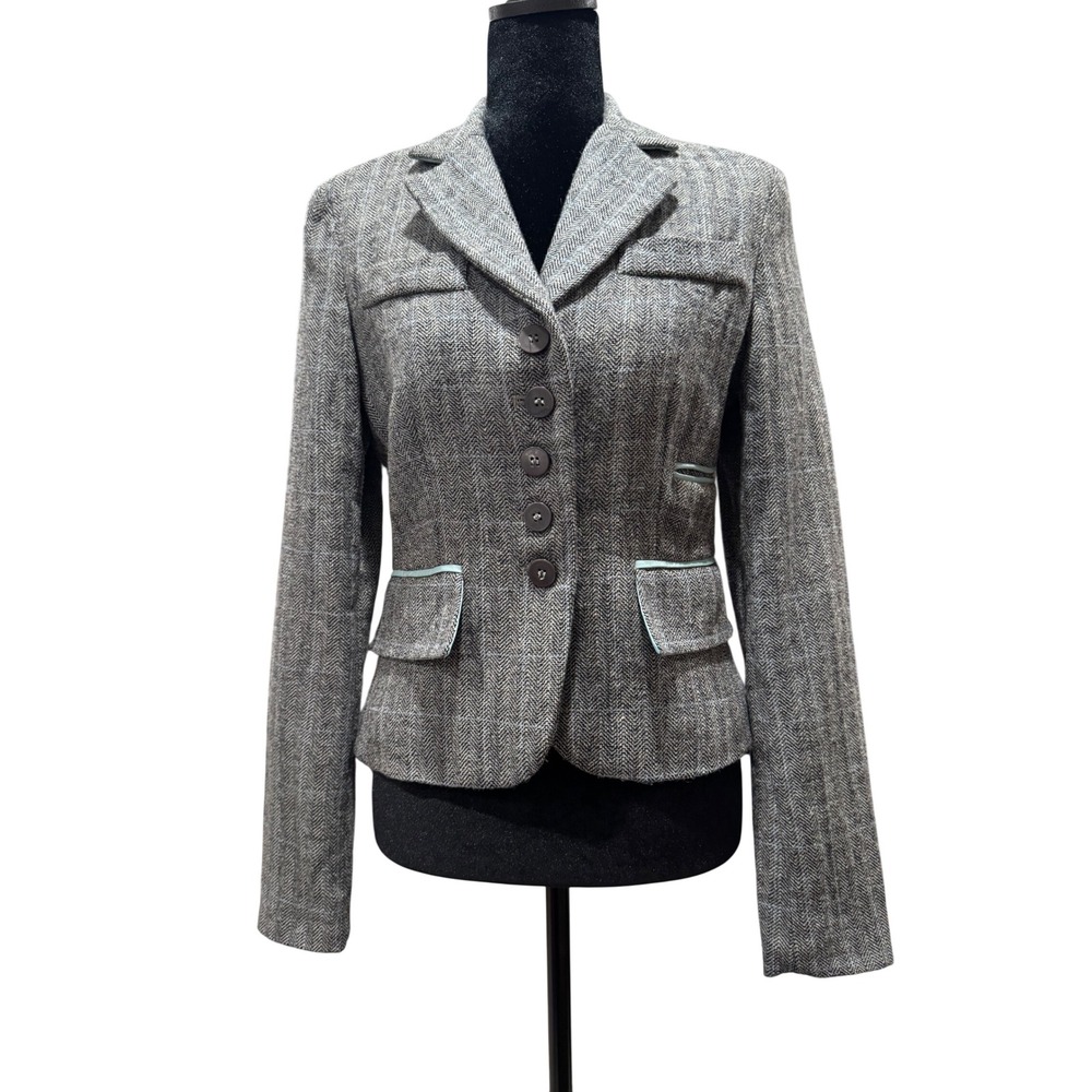 Vintage Y2K Sasch New York Grey Herringbone Wool Blazer Blue Leather Trim Size S